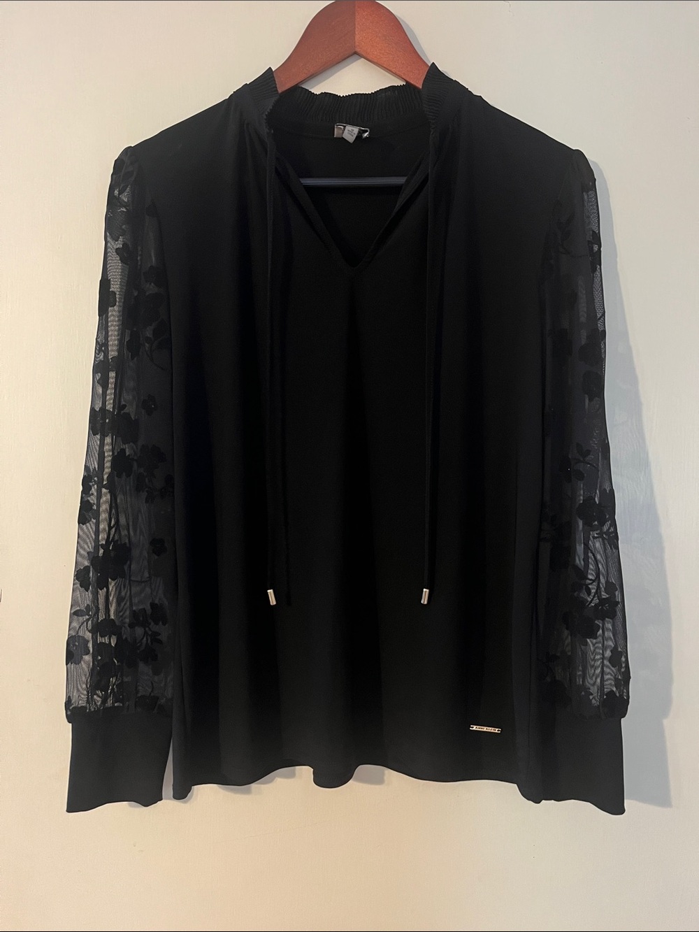 Anne Klein Black V-Neck Top with Sheer Floral Sleeves